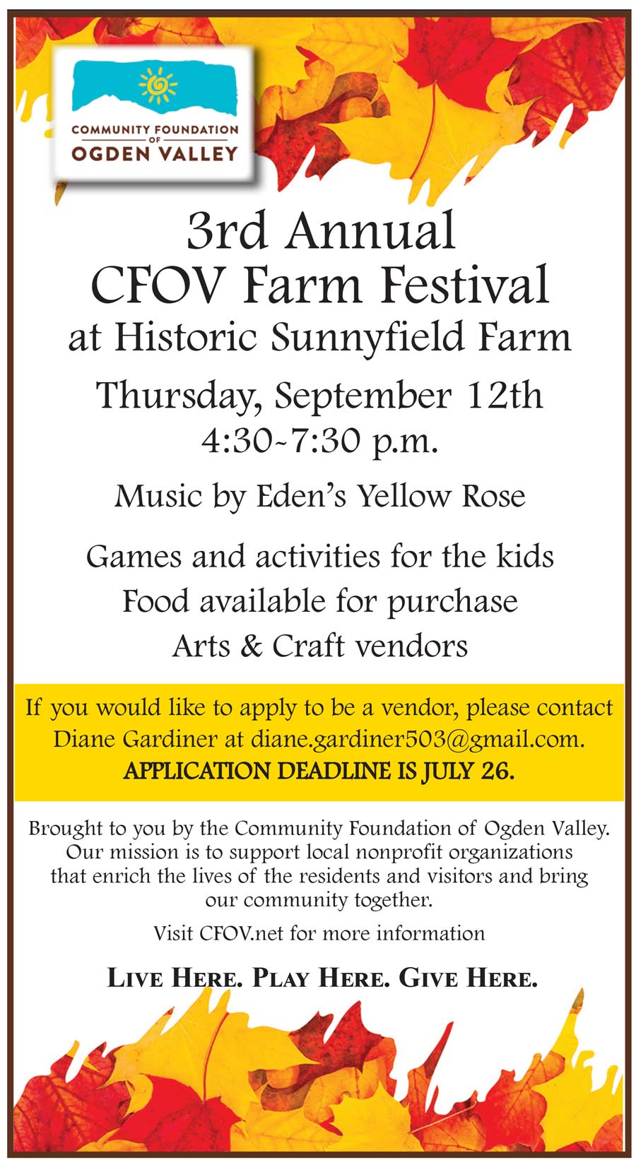 3rd Annual CFOV Farm Festival at Historic Sunnyfield Farm Thursday, September 12th 4:30-7:30 p.m.